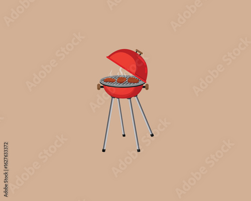 Red charcoal barbecue grill with an open lid, grilling steak pieces on top