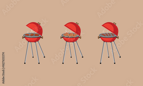Set of red barbecue. Three red charcoal grills with different types of food cooking on top, Susages, skewers, and steaks. BBQ Party