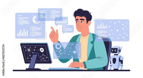 AI expert analyzing data with robot assistant, modern technology and innovation concept