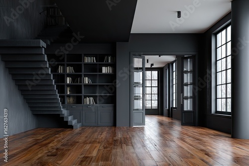Dark, modern library interior with wooden floors and a unique staircase.