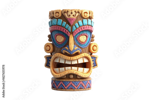 Tribal tiki face, vibrant colors, stylized wood