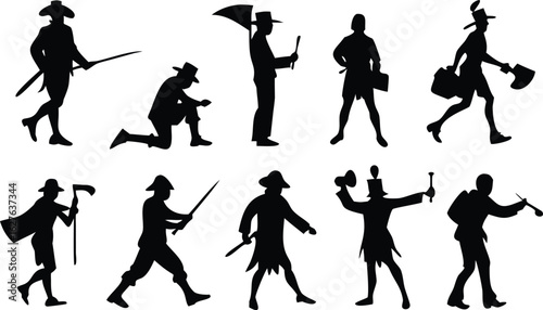 Pirate with spyglass and treasure chest silhouette black