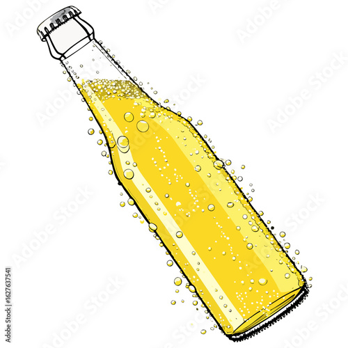 Yellow fizzy drink bottle with bubbles isolated on white background