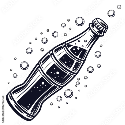 Vintage soda bottle with bubbles isolated on white background