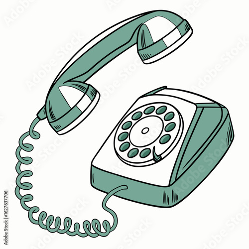 Retro rotary dial telephone with handset lifted isolated on white background