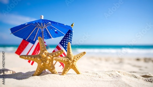 Wallpaper Mural Starfish, small flags, and a beach umbrella sit on a white sandy beach against a bright blue ocean and sky Torontodigital.ca