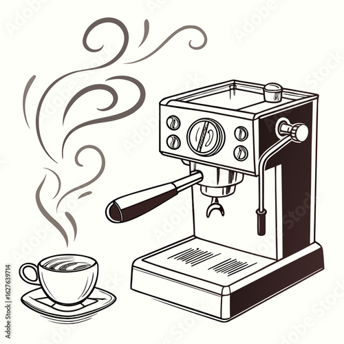 Espresso machine and coffee cup with steam isolated on white background