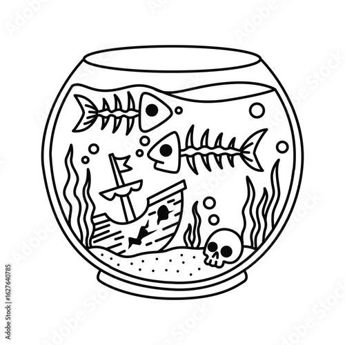 Fishbowl with skeleton fish, sunken ship, seaweed, and skull in hand drawn black and white cartoon vector illustration