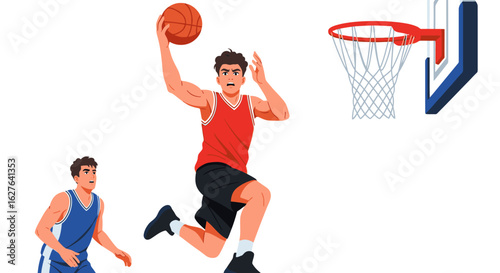 Dynamic basketball player about to dunk the ball during a thrilling sports game