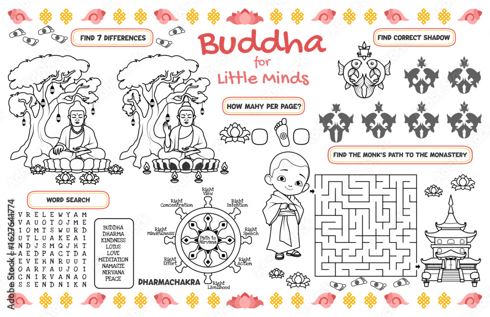 Obraz premium Buddha for Little Minds. Activity Sheet for Kids on Buddhism. Educational Interactive Games