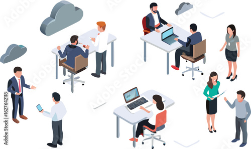 Isometric view of office workers at desks and in meetings with cloud computing concept shown above
