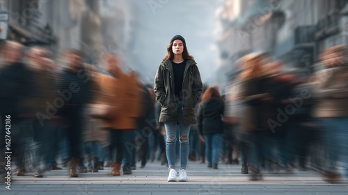 Young woman standing confidently amid urban crowd, embodying serenity through chaotic city movement