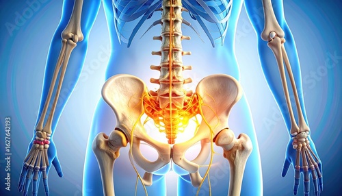 Detailed Anatomical Illustration of Human Skeleton and Pelvic Area