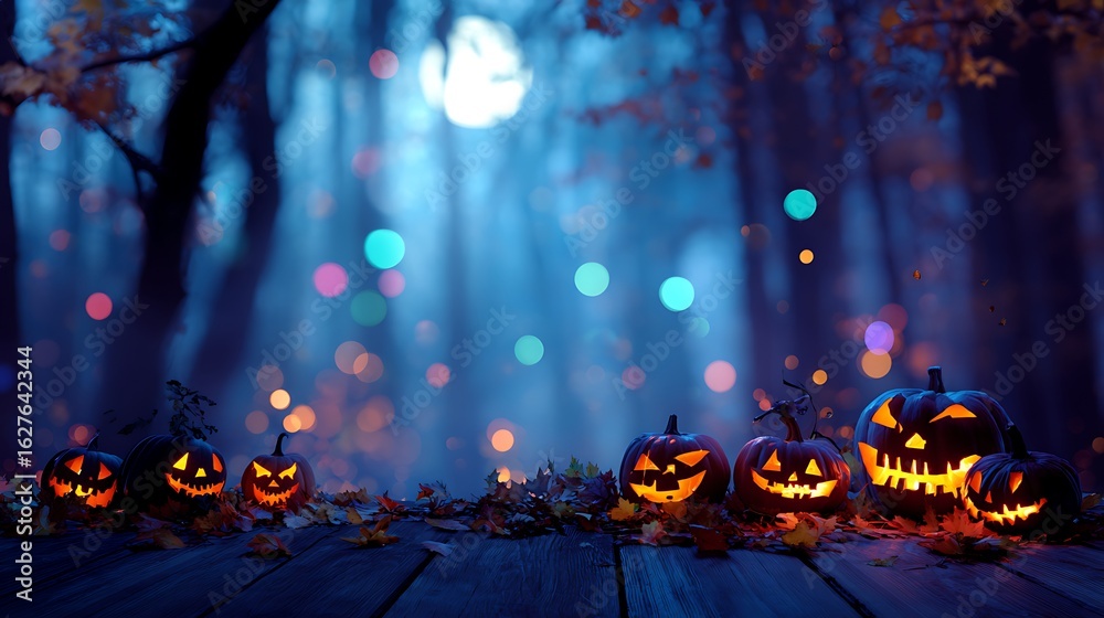 Obraz premium Enchanted halloween forest with glowing jack o lanterns and bokeh lights