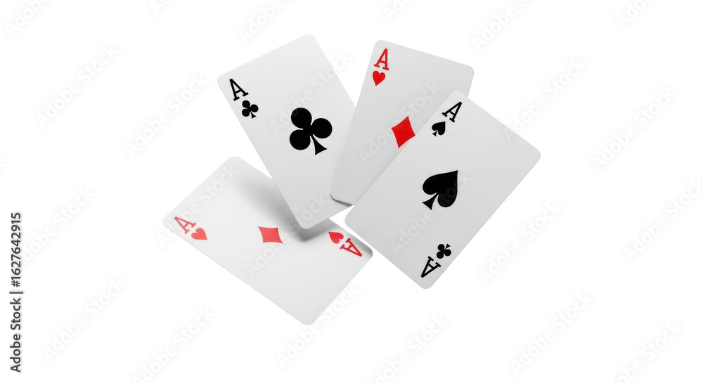 Four standard aces (hearts, clubs, spades, diamonds) frozen in mid-air on a pristine transparent background with ample copy space, vibrant commercial studio shot, concept of winning in casino games Four standard aces (hearts, clubs, spades, diamonds) frozen in mid-air on a pristine transparent background with ample copy space, vibrant commercial studio shot, concept of winning in casino games