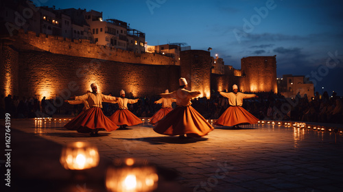 Sufi Whirling Dance in Tangier, a group of dervishes dance together on an ancient stone stage, lantern lights dim