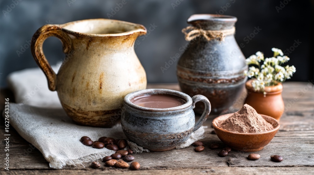 Rustic ceramic pottery collection featuring a pitcher, cup, and bowl with cocoa powder, coffee beans, and delicate flowers on a wooden table, showcasing artisanal craftsmanship and warm ambiance Rustic ceramic pottery collection featuring a pitcher, cup, and bowl with cocoa powder, coffee beans, and delicate flowers on a wooden table, showcasing artisanal craftsmanship and warm ambiance
