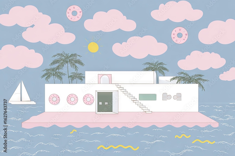 Obraz premium Floating house on the sea with palm trees and clouds.