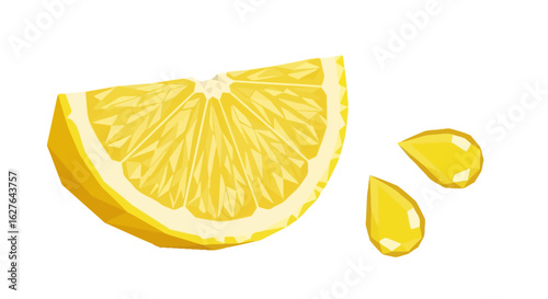 Fresh lemon slice illustration with juice drops isolated on white background