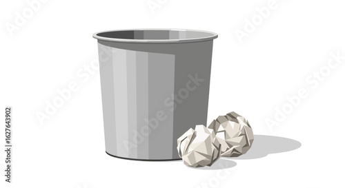 Illustration of a waste paper bin with crumpled paper balls symbolizes discarding ideas
