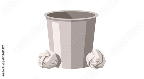 Cartoon depiction of a light grey trash can with crumpled paper balls around it