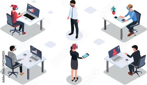 Isometric view of people working at desks with laptops and tablets in a modern office setting design