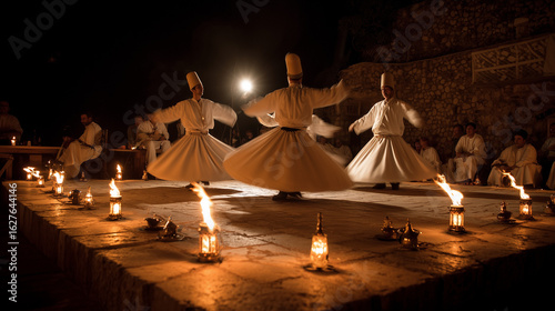 Sufi Whirling Dance in Tangier, a group of dervishes dancing together on an ancient stone stage, dim lantern lights