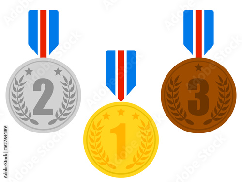 Gold, silver, bronze medal or set of medallions award with ribbon in vector illustration style isolated on white background