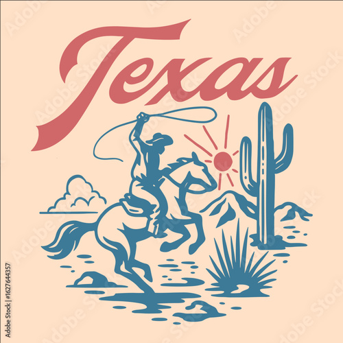 Vintage western cowboy illustration riding horse with barn, windmill, and farm background, spirit of the west design