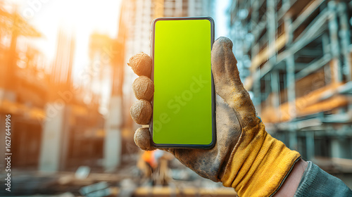 Hand in Work Glove Holding Smartphone with Green Screen Mockup at Construction Site