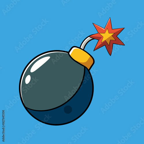 Cartoon bomb with a lit fuse exploding against a bright blue background