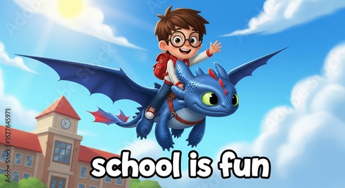school is fun, school boy with glasses rides dragon and go to school cartoon illustration, toothless dragon, night fury