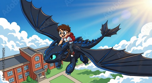 school boy rides dragon and go to school cartoon illustration, toothless dragon, night fury