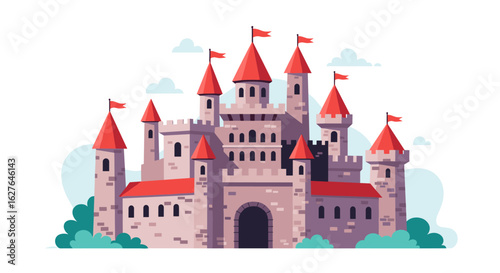 Majestic stone fortress with red flags and green foliage under a bright sky