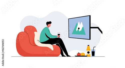Relaxed man enjoying watching television entertainment in cozy living room with snacks and drinks