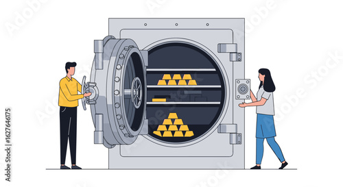People securely depositing valuables into a large bank vault filled with gold bars