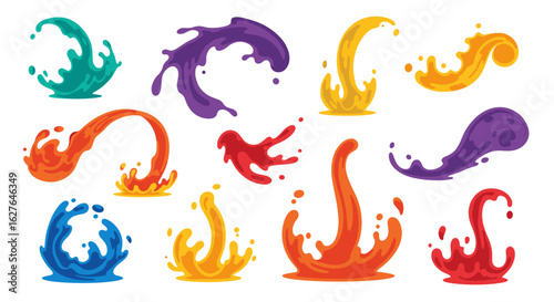 Vibrant splashing liquids energy flowing abstract shapes dynamic motion illustrations