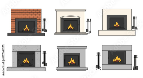 Collection of six diverse fireplace designs for modern home interiors featuring brick stone and concrete styles