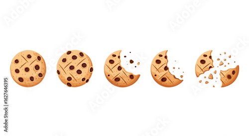 Sweet chocolate chip cookie stages from whole bite taken crumbling apart
