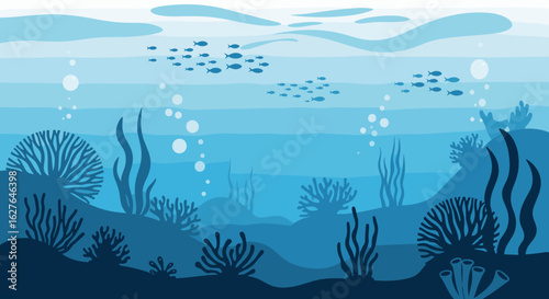 Vibrant underwater coral reef scene teeming with marine life and bubbles rising