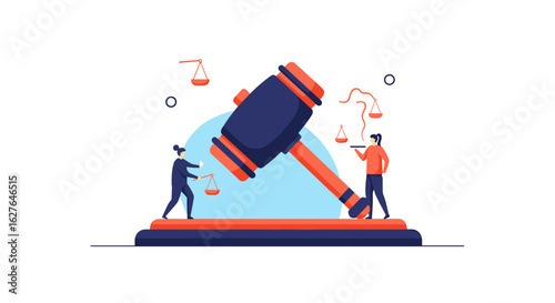 Illustrating legal justice concepts with gavel scales and figures in a professional setting