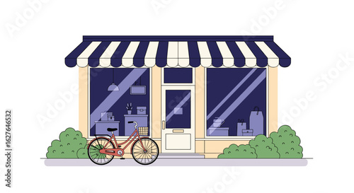 Charming retail shopfront with bicycle and lush greenery offering a welcoming atmosphere for shoppers