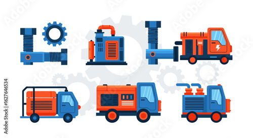 Industrial equipment collection featuring mechanical devices and transportation units