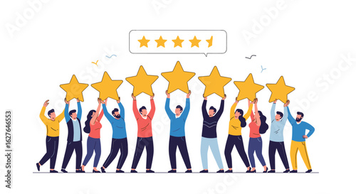 Customers happily showcasing their positive feedback and high ratings with five star recognition