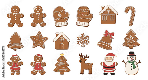 Festive assortment of holiday decorated gingerbread cookies and winter characters