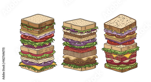 A colorful collection of stacked deli sandwiches with various ingredients showcased