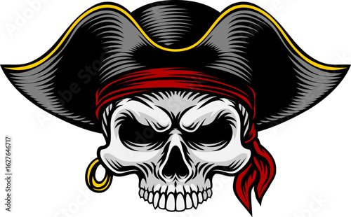 A pirate skull in a captain hat skeleton vintage woodcut style design