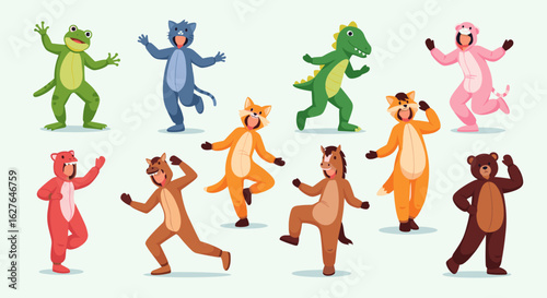 Children joyfully dancing in various adorable animal onesie costumes on a light blue background