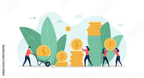 Illustrating financial growth and wealth accumulation with people stacking coins on a white background