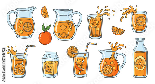 Vibrant refreshing citrus beverage collection with splashing fruit juices and orange garnishes